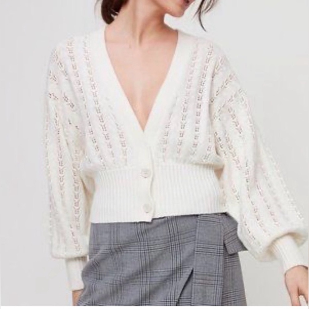 Wilfred Ivory Knit Cardigan Size S Eyelet Detail Balloon Sleeve V-Neck